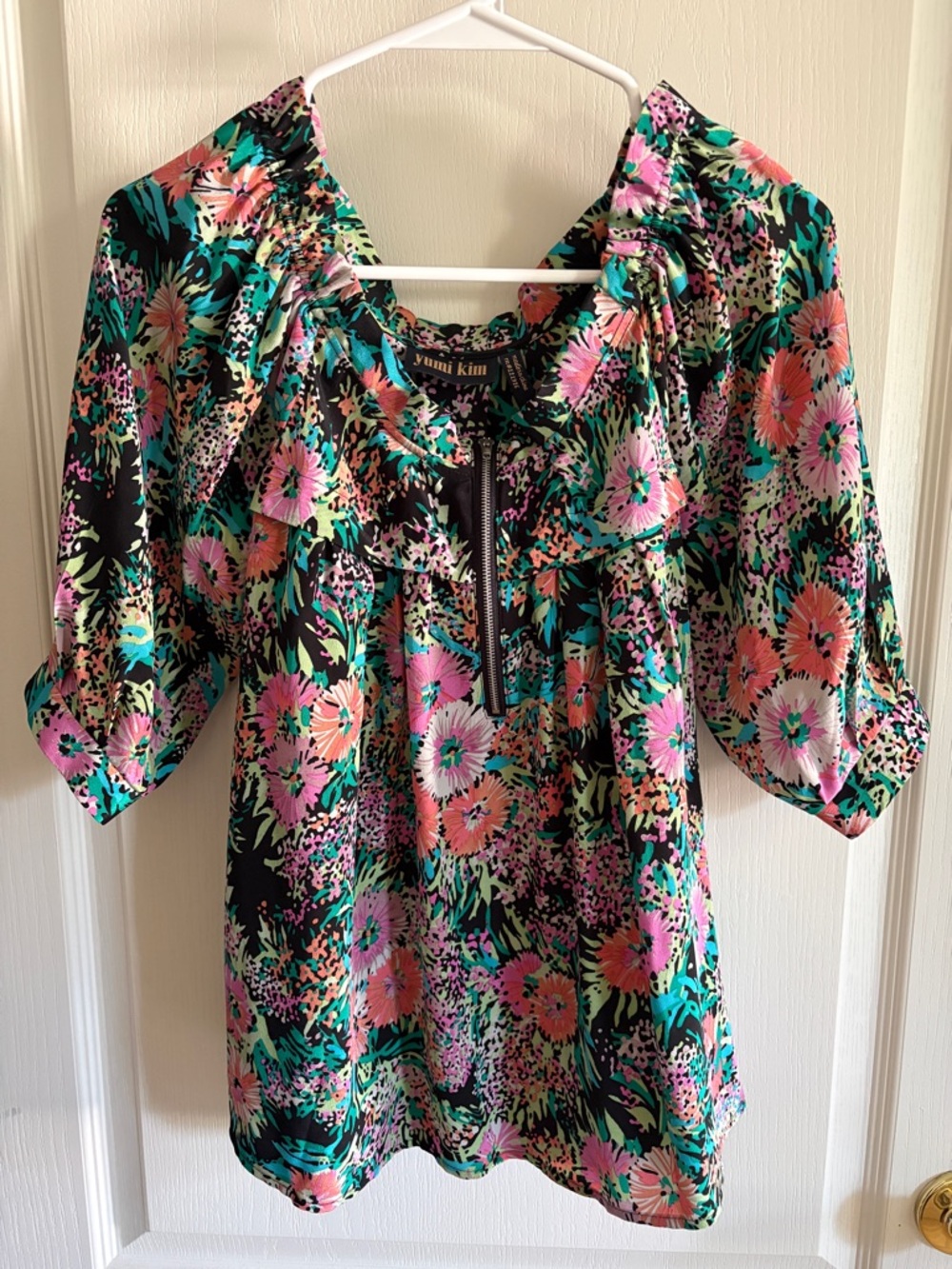 Yumi Kim Black Floral Ruffle-Neck Blouse